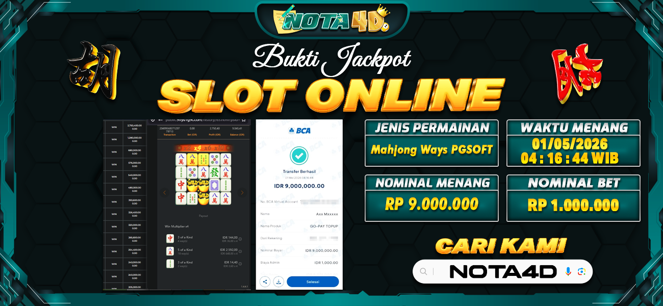 Bukti Kemenangan Besar Dibayar lunas Member NOTA4D RP 9.000.000, 1 Mei 2026