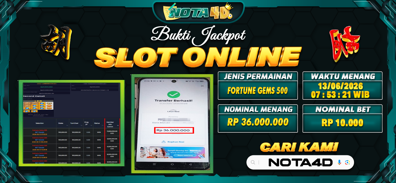 Bukti Kemenangan Besar Dibayar lunas Member NOTA4D RP 36.000.000, 13 Juni 2026