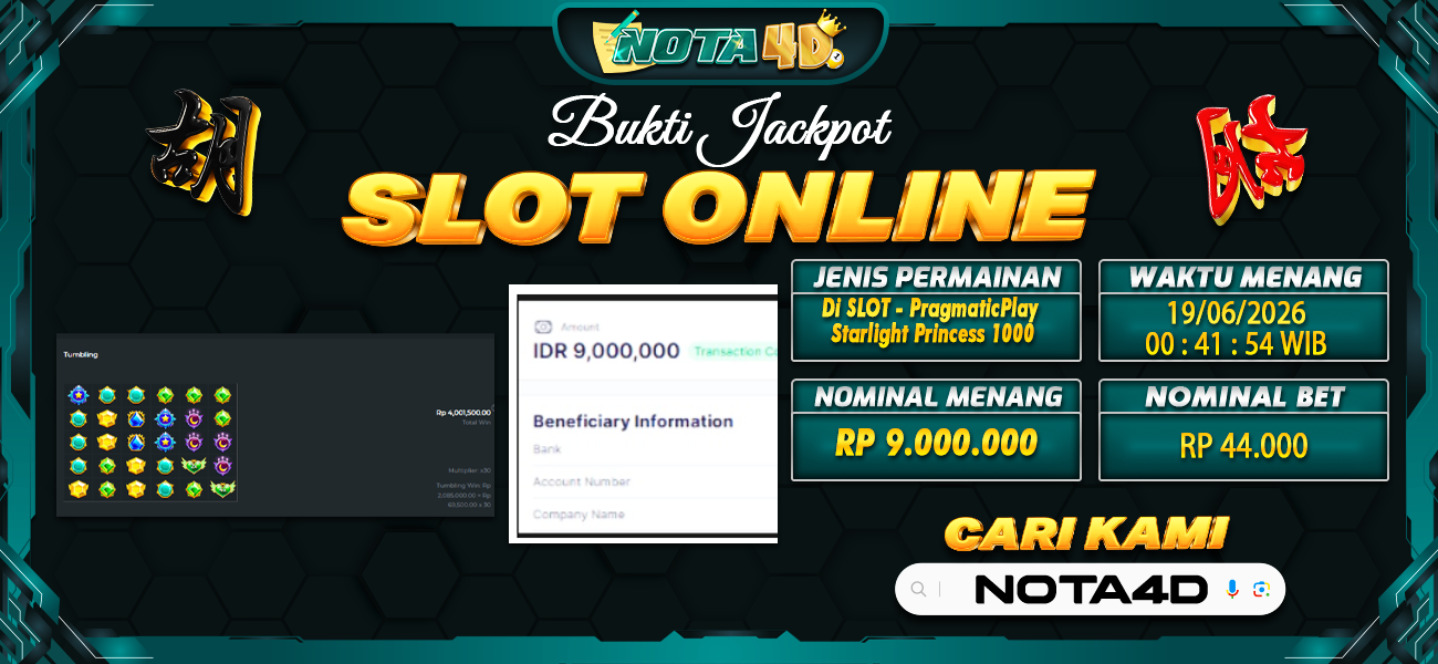 Bukti Kemenangan Besar Dibayar lunas Member NOTA4D RP 9.000.000, 19 Juni 2026